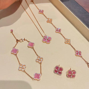Sterling Silver Diamond Sakura Pink Clover Jewelry Set - Camillaboutiqueshop